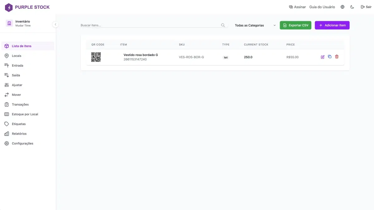 Interface do Purple Stock - Lista de Itens