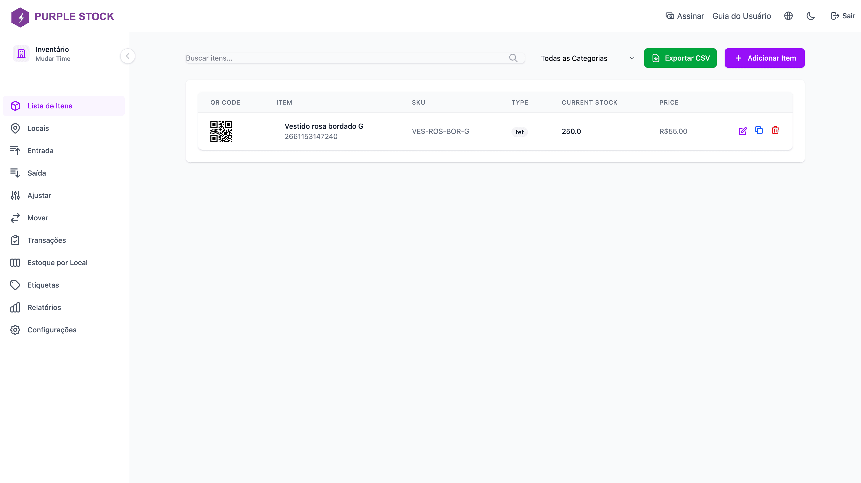 Interface do Purple Stock - Lista de Itens